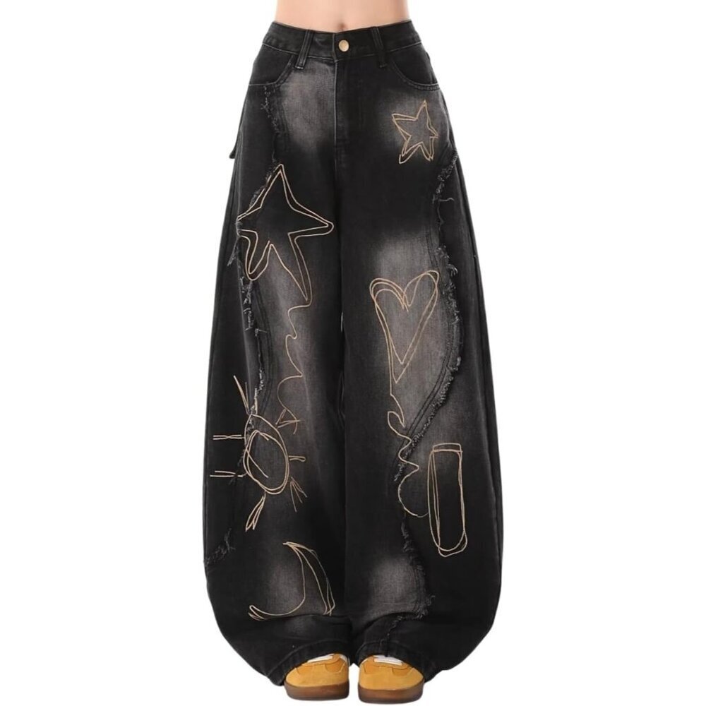 Baggy Women's Jeans Denim Wide Leg Embroidered Patchwork Casual Streetwear